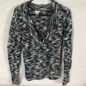 Maurices Sweater Womens Large Wool Blend Marled Open Knit Blue Brown Vneck